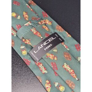 Lancel Paris Mens Silk Necktie Green Chinoiserie Handmade Made in France